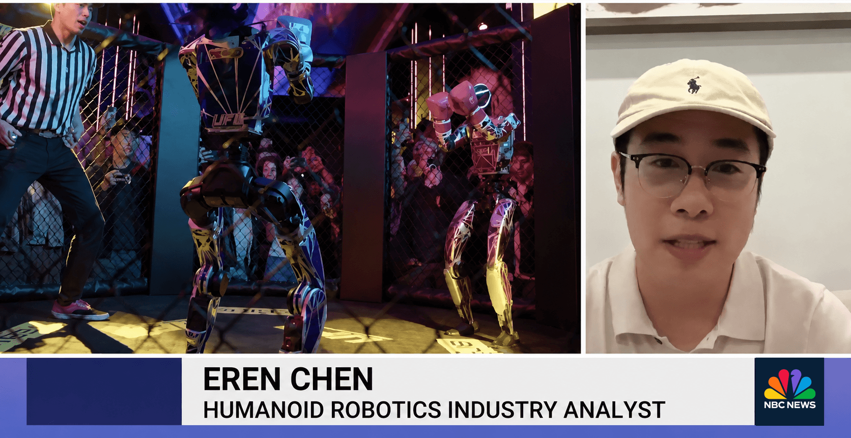 Eren Chen speaking with NBC News about humanoid robot fight clubs