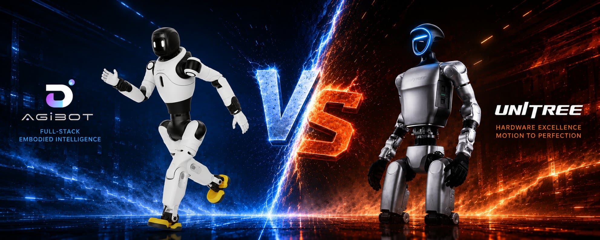AGI Bot versus Unitree humanoid robots in a competitive banner