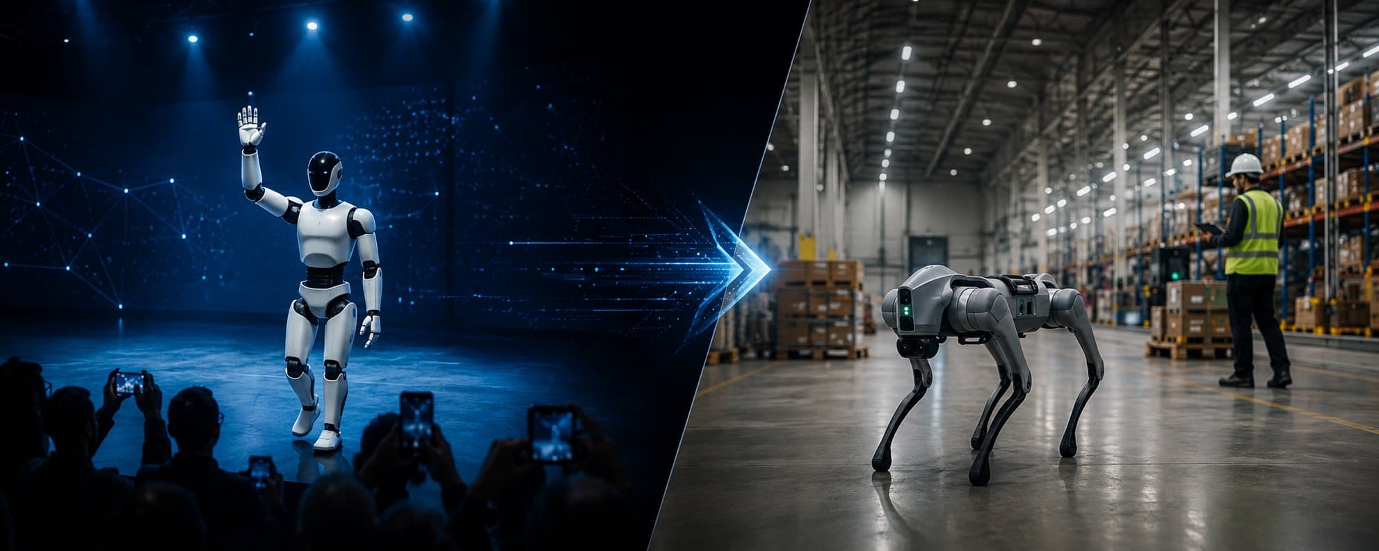A humanoid demo stage transitioning into a deployed robotics warehouse scene