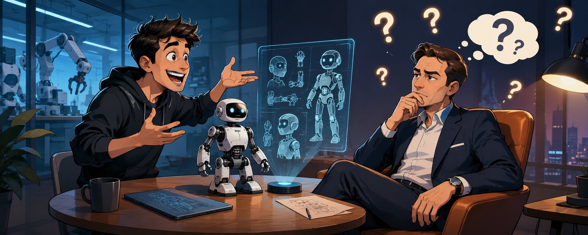 Robotics founder explaining a robot concept to an investor