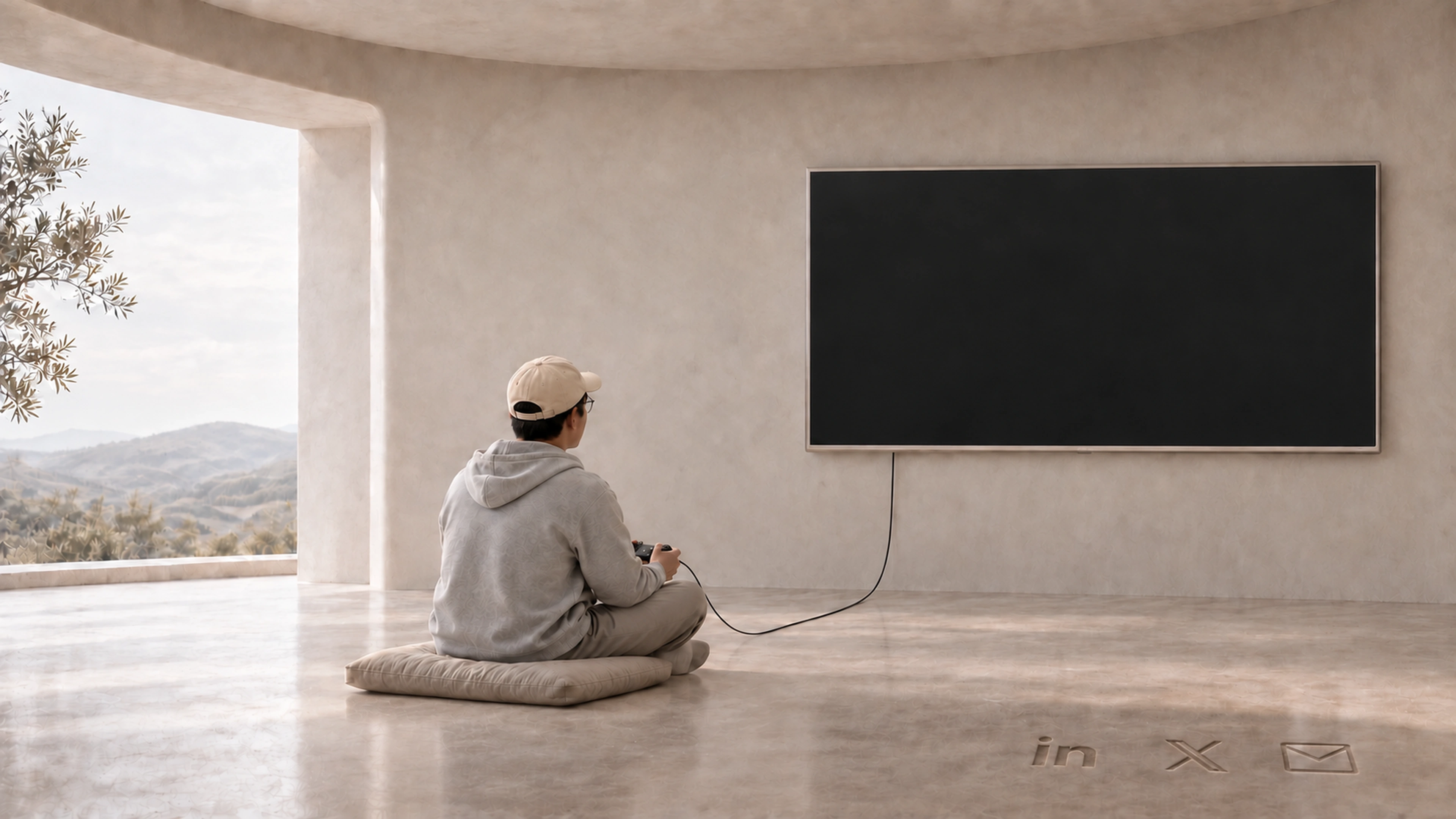 Eren in a beige baseball cap and light gray hoodie, sitting cross-legged with a controller in a quiet sunlit room.