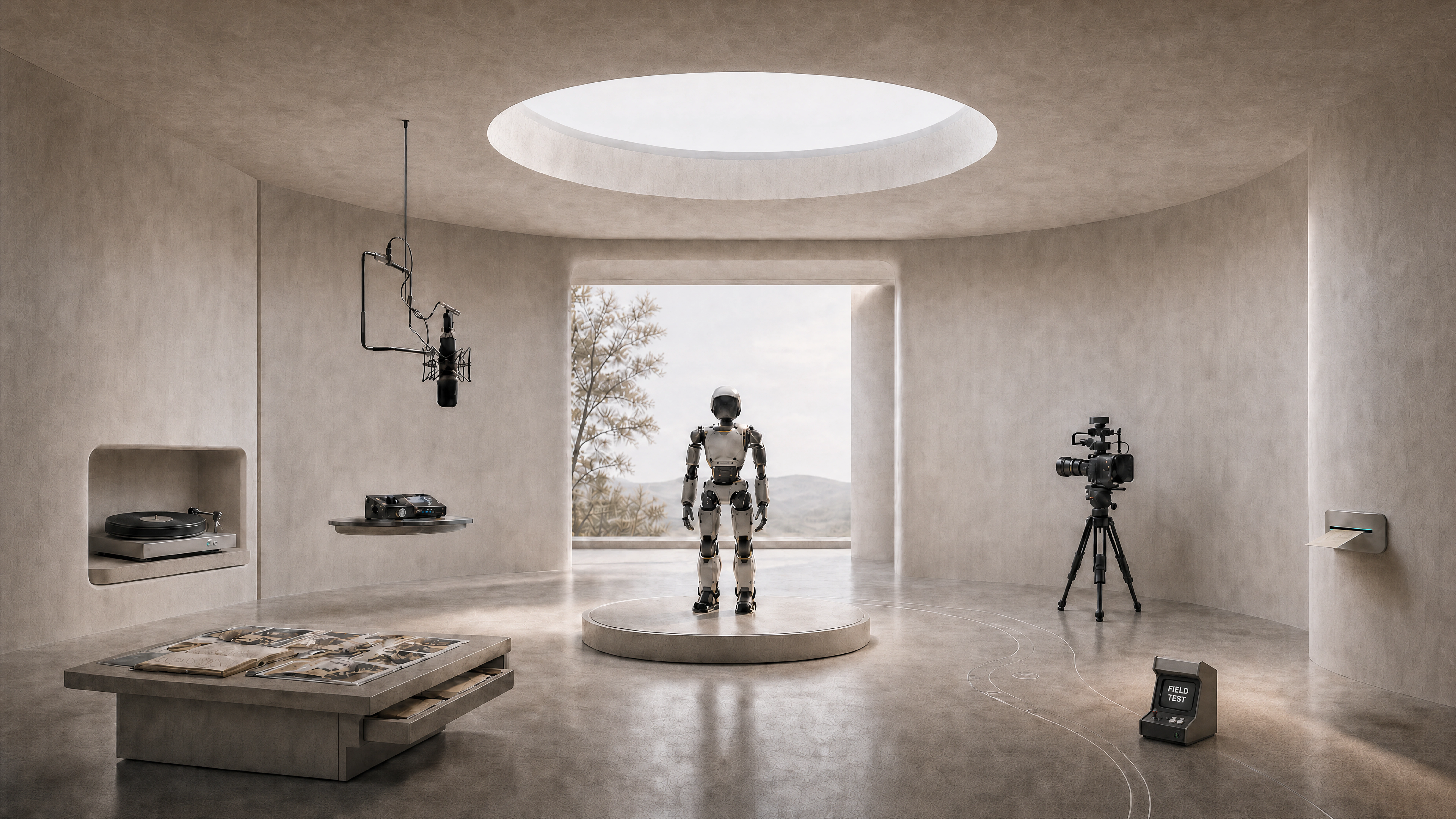A sculptural robotics field lab with a humanoid, field notebook, microphone, broadcast camera, turntable, Field Test console, and mail slot
